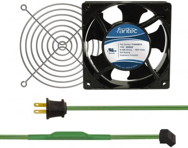 Made in USA - 115 Volts, AC, 80 CFM, Square Tube Axial Fan Kit - 0.18 Amp Rating, 120mm High x 120mm Wide x 38.5mm Deep, Includes Fan, Fan Guard, Thermostatically Controlled Fan Cord - Strong Tooling