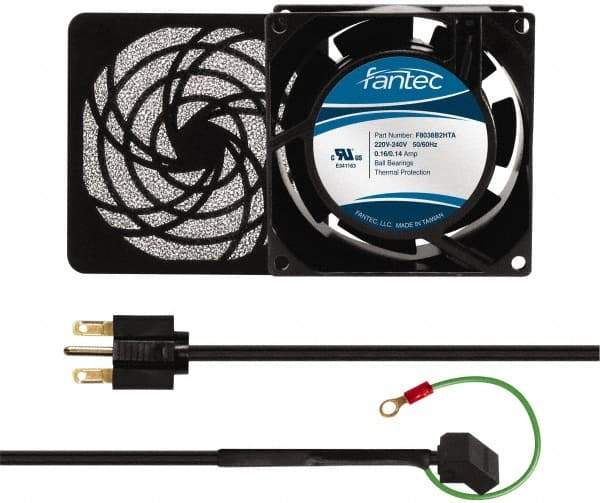 Made in USA - 230 Volts, AC, 32 CFM, Square Tube Axial Fan Kit - 0.06/0.05 Amp Rating, 3.15" High x 3" Wide x 38.5mm Deep, Includes Fan, Fan Guard, Fan Cord - Strong Tooling