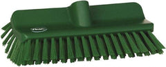 Vikan - 1-1/2" Bristle Length, Polyester Cleaning & Finishing Brush - 9-5/8" Long x 5" Wide Head, 10" OAL, European Threaded Handle, Green, Polypropylene Block - Strong Tooling