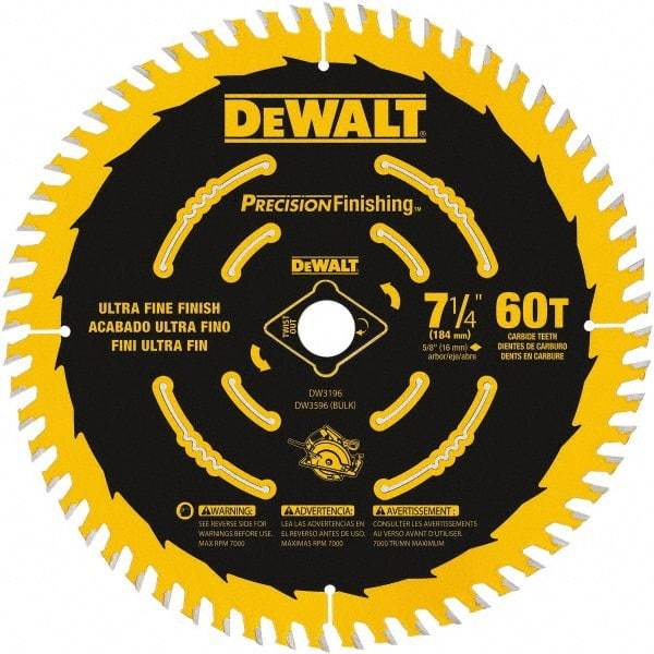 DeWALT - 7-1/4" Diam, 5/8" Arbor Hole Diam, 60 Tooth Wet & Dry Cut Saw Blade - Carbide-Tipped, Diamond Arbor - Strong Tooling