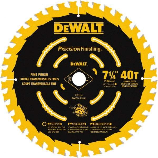 DeWALT - 7-1/4" Diam, 5/8" Arbor Hole Diam, 40 Tooth Wet & Dry Cut Saw Blade - Carbide-Tipped, Diamond Arbor - Strong Tooling