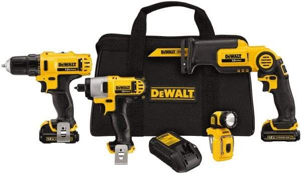 DeWALT - 12 Volt Cordless Tool Combination Kit - Includes 3/8" Drill/Driver, 1/4" Impact Driver, Pivot Reciprocating Saw & LED Worklight, Lithium-Ion Battery Included - Strong Tooling