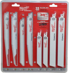 Milwaukee Tool - 32 Piece, 6" to 9" Long x 0.04" to 0.05" Thick, Bi-Metal Reciprocating Saw Blade Set - Straight Profile, 5-8 to 24 Teeth per Inch, Toothed Edge - Strong Tooling