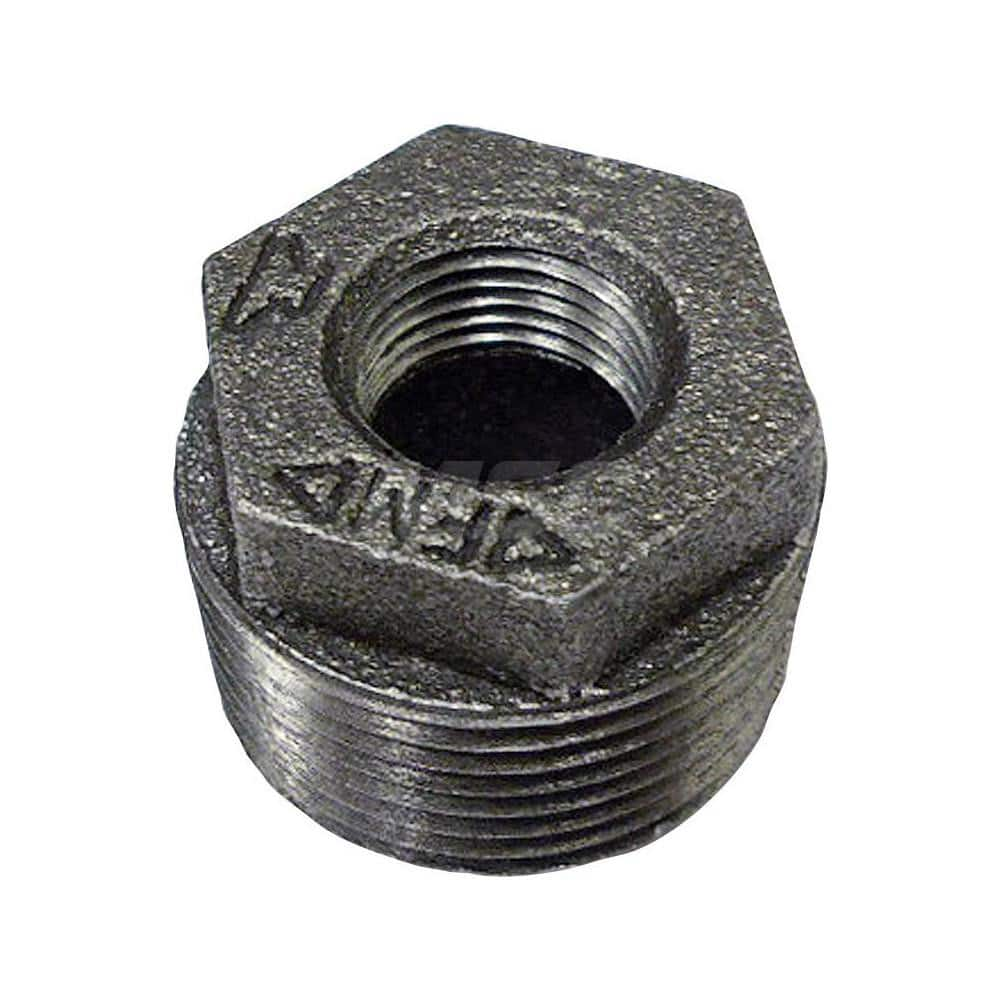 Black Hex Bushing: 1-1/2 x 1/2″, 125 psi, Threaded Cast Iron, Galvanized Finish, Class 125