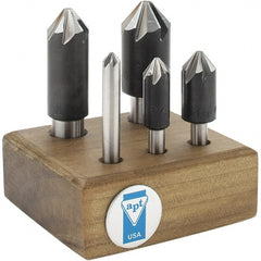 Countersink Set: 5 Pc, 1/4 to 3/4″ Head Dia, 6 Flute, 82 ° Included Angle 3/16 to 1/2″ Shank Dia, Bright (Polished) Finish, High Speed Steel