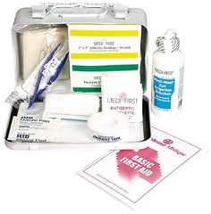 Medique - 52 Piece, 5 Person, Multipurpose/Auto/Travel First Aid Kit - 7-3/4" Wide x 2-3/4" Deep x 4-3/4" High, Metal Case - Strong Tooling