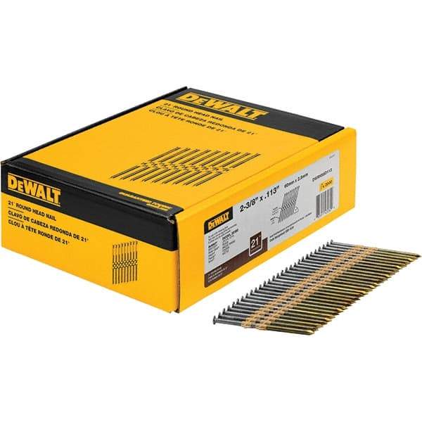 DeWALT - 12 Gauge 2.38" Long Framing Nails for Power Nailers - Steel, Bright Finish, Smooth Shank, Angled Stick Collation, Round Head - Strong Tooling