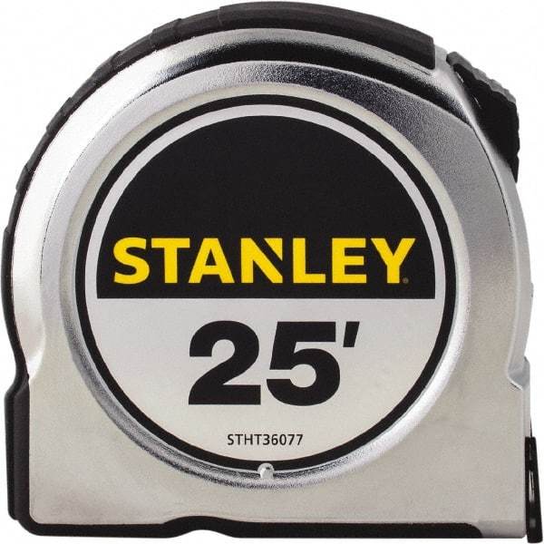 Stanley - 25' x 1" Yellow Steel Blade Tape Measure - 1/16" Graduation, Chrome ABS Plastic Case - Strong Tooling