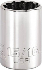 Proto - 15/16", 3/8" Drive, Intermediate Hand Socket - 12 Points, 1-47/64" OAL, Steel, Full Polish Finish - Strong Tooling