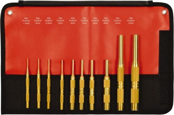 Mayhew - 10 Piece, 1.5 to 12mm, Pin Punch Set - Round Shank, Brass, Comes in Kit Bag - Strong Tooling