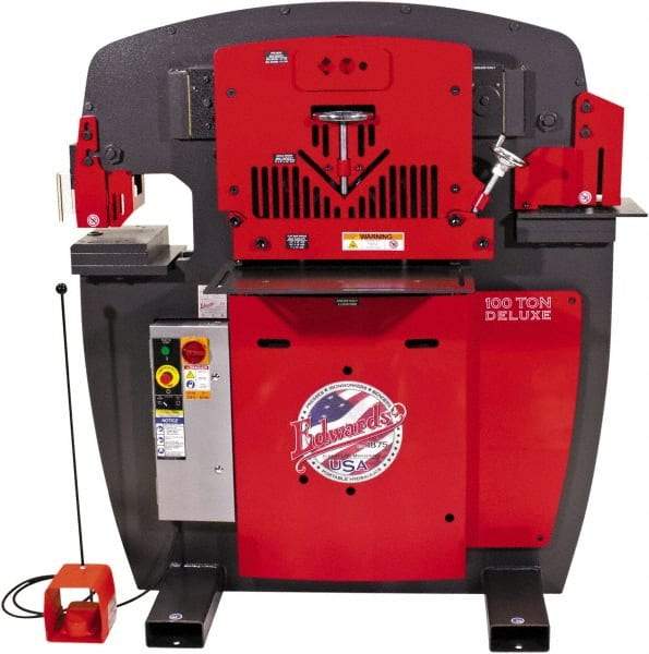 Edwards Manufacturing - 11" Throat Depth, 100 Ton Punch Pressure, 1-1/16" in 1" Punch Capacity Ironworker - 7-1/2 hp, 3 Phase, 460 Volts, 56" Wide x 63-1/8" High x 45-1/2" Deep - Strong Tooling