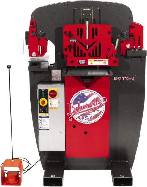 Edwards Manufacturing - 7" Throat Depth, 50 Ton Punch Pressure, 1" in 5/8" Punch Capacity Ironworker - 5 hp, 3 Phase, 460 Volts, 36-3/4" Wide x 54-1/2" High x 36-1/8" Deep - Strong Tooling