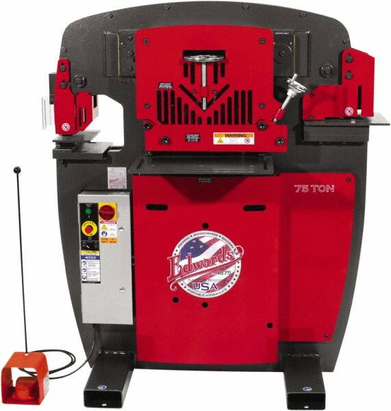 Edwards Manufacturing - 10" Throat Depth, 75 Ton Punch Pressure, 1-1/16" in 7/8" Punch Capacity Ironworker - 7-1/2 hp, 3 Phase, 230 Volts, 50" Wide x 60-1/4" High x 45" Deep - Strong Tooling