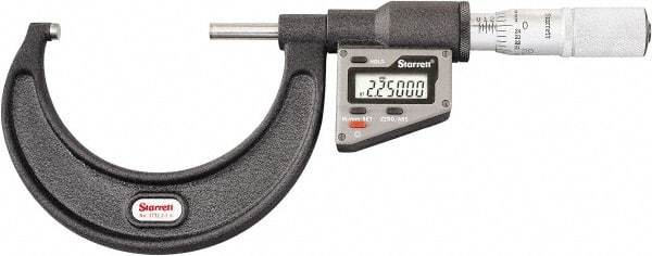 Starrett - 50.8 to 76 mm Range, 0.0001" Resolution, Standard Throat, Electronic Outside Micrometer - 0.0001" Accuracy, Friction Thimble, Micro Lapped Carbide Face, CR2450 Battery, Includes 3V Battery - Strong Tooling