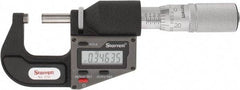 Starrett - 0 to 25 mm Range, 0.0001" Resolution, Standard Throat, Electronic Outside Micrometer - 0.0001" Accuracy, Friction Thimble, Micro Lapped Carbide Face, CR2450 Battery, Includes 3V Battery - Strong Tooling