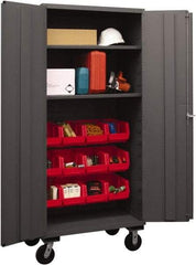 Durham - 2 Shelf 12 Bin Mobile Storage Cabinet - Steel, 36" Wide x 24" Deep x 80" High, Red - Strong Tooling