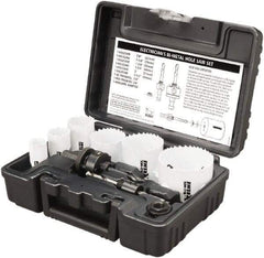 Disston - 9 Piece, 7/8" to 2-1/2" Saw Diam, Electrician's Hole Saw Kit - Bi-Metal, Toothed Edge, Pilot Drill Model No. E0102457, Includes 6 Hole Saws - Strong Tooling