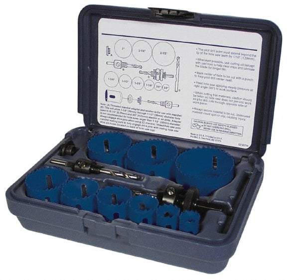 Disston - 9 Piece, 5/8" to 1-9/16" Saw Diam, Electrician's Hole Saw Kit - Bi-Metal, Toothed Edge, Pilot Drill Model No. E0102457, Includes 6 Hole Saws - Strong Tooling