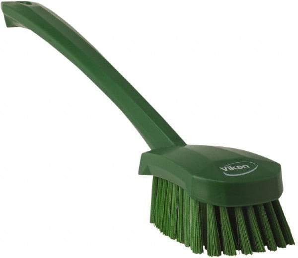 Vikan - 1.3" Bristle Length, Polyester Scrub Brush - 4" Long x 2-3/4" Wide Head, 15-3/4" OAL, Green, Polypropylene Block - Strong Tooling