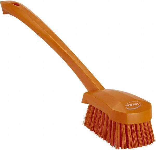 Vikan - 1.3" Bristle Length, Polyester Scrub Brush - 4" Long x 2-3/4" Wide Head, 15-3/4" OAL, Orange, Polypropylene Block - Strong Tooling