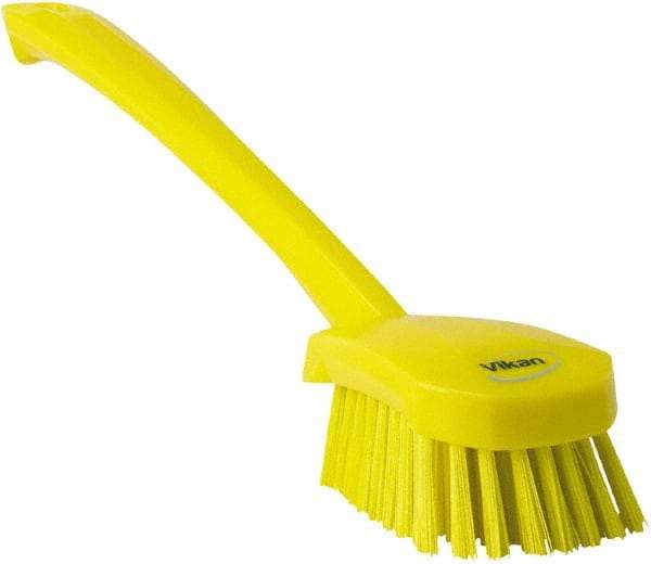 Vikan - 1.3" Bristle Length, Polyester Scrub Brush - 4" Long x 2-3/4" Wide Head, 15-3/4" OAL, Yellow, Polypropylene Block - Strong Tooling