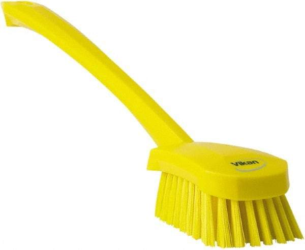 Vikan - 1.3" Bristle Length, Polyester Scrub Brush - 4" Long x 2-3/4" Wide Head, 15-3/4" OAL, Yellow, Polypropylene Block - Strong Tooling