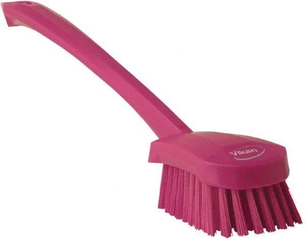 Vikan - 1.3" Bristle Length, Polyester Scrub Brush - 4" Long x 2-3/4" Wide Head, 15-3/4" OAL, Pink, Polypropylene Block - Strong Tooling