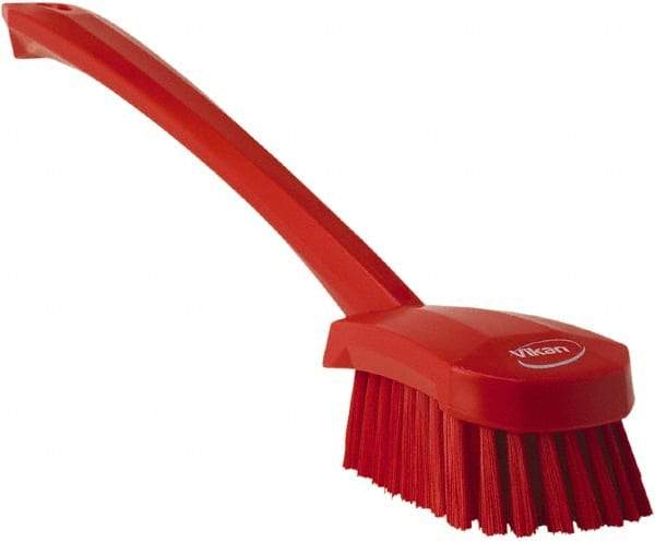 Vikan - 1.3" Bristle Length, Polyester Scrub Brush - 4" Long x 2-3/4" Wide Head, 15-3/4" OAL, Red, Polypropylene Block - Strong Tooling