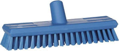 Vikan - 1.3" Bristle Length, Polyester Scrub Brush - 10-3/4" Long x 2-1/2" Wide Head, 11" OAL, European Threaded Handle, Blue, Polypropylene Block - Strong Tooling