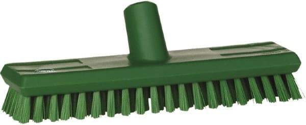 Vikan - 1" Bristle Length, Polyester Scrub Brush - 10-5/8" Long x 2-1/2" Wide Head, 11" OAL, European Threaded Handle, Green, Polypropylene Block - Strong Tooling