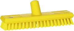 Vikan - 1" Bristle Length, Polyester Scrub Brush - 10-5/8" Long x 2-1/2" Wide Head, 11" OAL, European Threaded Handle, Yellow, Polypropylene Block - Strong Tooling