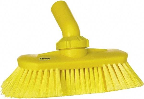 Vikan - 1-1/2" Bristle Length, Polyester Wash Brush - 7-3/4" Long x 3" Wide Head, 8" OAL, European Threaded Handle, Yellow, Polypropylene Block, Flagged - Strong Tooling