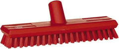 Vikan - 1" Bristle Length, Polyester Scrub Brush - 10-5/8" Long x 2-1/2" Wide Head, 11" OAL, European Threaded Handle, Red, Polypropylene Block - Strong Tooling