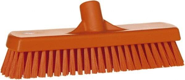 Vikan - 1.7" Bristle Length, Polyester Scrub Brush - 11-1/4" Long x 3" Wide Head, 12" OAL, European Threaded Handle, Orange, Polypropylene Block - Strong Tooling