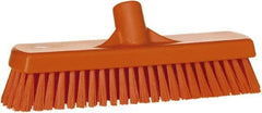 Vikan - 1.7" Bristle Length, Polyester Scrub Brush - 11-1/4" Long x 3" Wide Head, 12" OAL, European Threaded Handle, Orange, Polypropylene Block - Strong Tooling