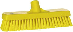 Vikan - 1.7" Bristle Length, Polyester Scrub Brush - 11-1/4" Long x 3" Wide Head, 12" OAL, European Threaded Handle, Yellow, Polypropylene Block - Strong Tooling