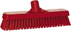 Vikan - 1.7" Bristle Length, Polyester Scrub Brush - 11-1/4" Long x 3" Wide Head, 12" OAL, European Threaded Handle, Red, Polypropylene Block - Strong Tooling