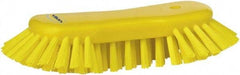 Vikan - 1.3" Bristle Length, Polyester Utility Scrub Brush - 7-3/4" Long x 3" Wide Head, 8" OAL, European Threaded Handle, Yellow, Polypropylene Block - Strong Tooling