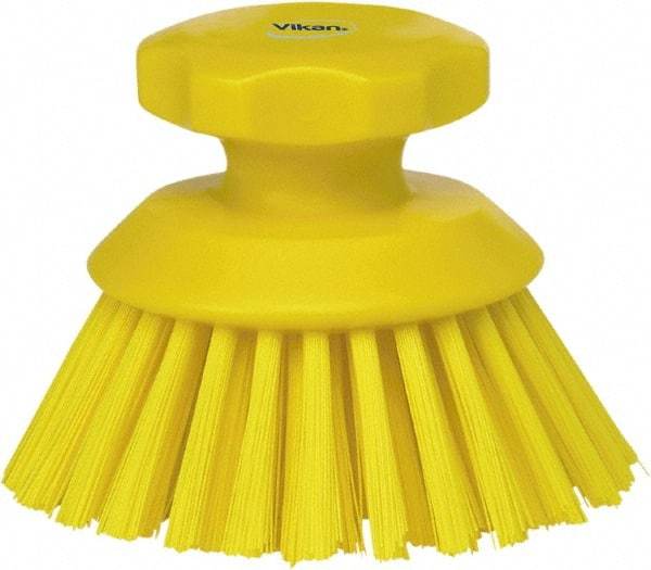 Vikan - 1-1/2" Bristle Length, Polyester Food Service Brush - 3-3/4" Long x 5" Wide Head, 5" OAL, Yellow, Polypropylene Block - Strong Tooling