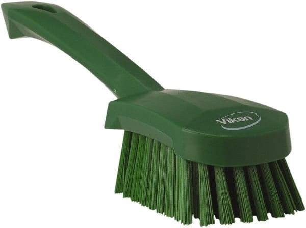 Vikan - 1.3" Bristle Length, Polyester Scrub Brush - 4-1/4" Long x 2-3/4" Wide Head, 10" OAL, Green, Polypropylene Block - Strong Tooling