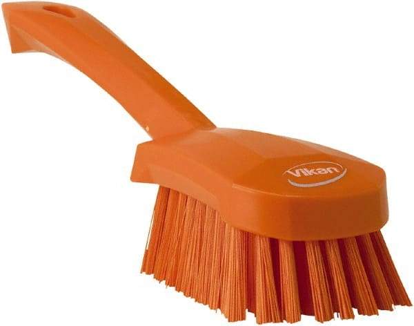 Vikan - 1.3" Bristle Length, Polyester Scrub Brush - 4-1/4" Long x 2-3/4" Wide Head, 10" OAL, Orange, Polypropylene Block - Strong Tooling