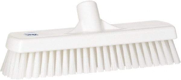 Vikan - 1.7" Bristle Length, Polyester Scrub Brush - 11-1/4" Long x 3" Wide Head, 12" OAL, European Threaded Handle, White, Polypropylene Block - Strong Tooling