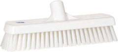 Vikan - 1.7" Bristle Length, Polyester Scrub Brush - 11-1/4" Long x 3" Wide Head, 12" OAL, European Threaded Handle, White, Polypropylene Block - Strong Tooling