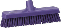 Vikan - 1.7" Bristle Length, Polyester Scrub Brush - 11-1/4" Long x 3" Wide Head, 12" OAL, European Threaded Handle, Purple, Polypropylene Block - Strong Tooling