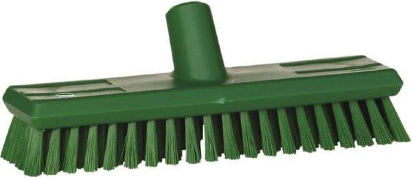 Vikan - 1.3" Bristle Length, Polyester Scrub Brush - 10-3/4" Long x 2-1/2" Wide Head, 11" OAL, European Threaded Handle, Green, Polypropylene Block - Strong Tooling