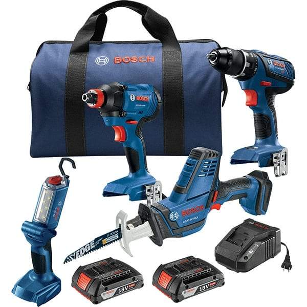 Bosch - 13 Piece 18 Volt Cordless Tool Combination Kit - Includes 1/2" Compact Drill/Driver, Impact Driver, Compact Reciprocating Saw & Work Light, Lithium-Ion Battery Included - Strong Tooling