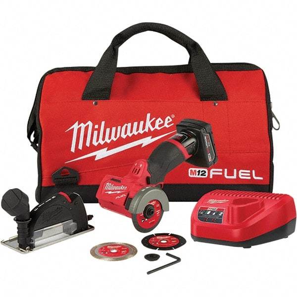 Milwaukee Tool - 3" Wheel Diam, 20,000 RPM, Cordless Cutoff & Cutoff-Grinder Tool - Trigger Handle, 12 Volt, Battery Included - Strong Tooling