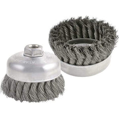 Brush Research Mfg. - 4" Diam, 5/8-11 Threaded Arbor, Carbon Steel Fill Cup Brush - 0.014 Wire Diam, 1-1/4" Trim Length, 9,000 Max RPM - Strong Tooling