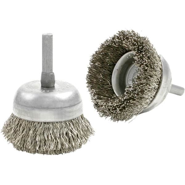 Brush Research Mfg. - 1-3/4" Diam, 1/4" Shank Diam, Carbon Steel Fill Cup Brush - 0.006 Wire Diam, 1/2" Trim Length, 10,000 Max RPM - Strong Tooling