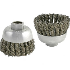 Brush Research Mfg. - 2-3/4" Diam, 5/8-11 Threaded Arbor, Carbon Steel Fill Cup Brush - 0.02 Wire Diam, 1" Trim Length, 6,600 Max RPM - Strong Tooling